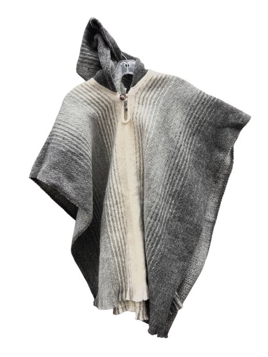 None Jackets & Blazers - Hooded Llama Poncho With Gray & Creamy White Stripes For Adults One Size